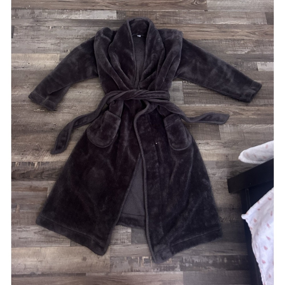 Stars Above Women's M Gray Fleece Polyester Bathrobe Collared Tie Belt Pockets